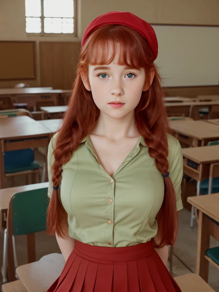 (best quality,4k,8k,highres,masterpiece:1.2),ultra-detailed,(realistic,photorealistic,photo-realistic:1.37), ((a girl in classroom, she wears shirt and skirt and beret, shy, braided red hair, pale skin)), ((slim body, very large bust size for her young age))