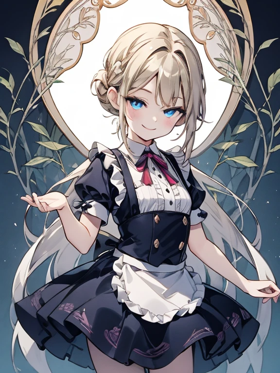 masterpiece, Highest quality, Very detailed, 16K, Ultra-high resolution, Cowboy Shot, Alice in Wonderland, (art nouveau:1.4), 10-year-old girl, Detailed face, (smile:1.5), blue eyes, Blonde, ,half updo, Ribbon on head, Blue clothes, Plain white apron, 大きなclockのある部屋で, clock, 壁clock, Music Box