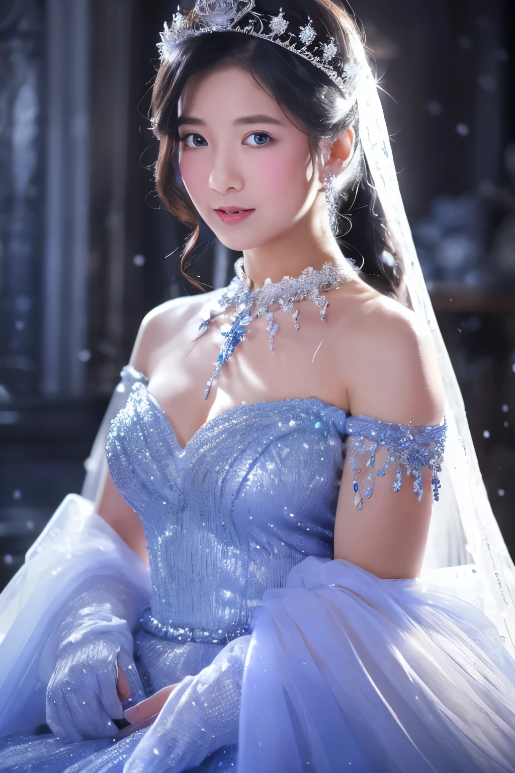 Create a high-quality, hyper-realistic photo of a snow princess inside the most luxurious palace made of intricately shining transparent ice. The scene should be in 8k resolution, featuring a detailed ice palace with elegant pillars and a beautiful ice ceiling. The composition is symmetrical, filled with fantastic light blue light and sacred, mysterious elements. The snow princess has glowing skin as white as snow, beautiful silver light blue hair, and is wearing a glittering silver-white jeweled dress of the highest quality, adorned with elegant decorations and jewelry embellishments. She is standing, and the photo captures her upper body with a blurred background of a detailed, realistic ice palace. Snow is gently falling around her, and she is surrounded by a fantastic soft light, with amazing movie lighting effects creating a magical atmosphere.