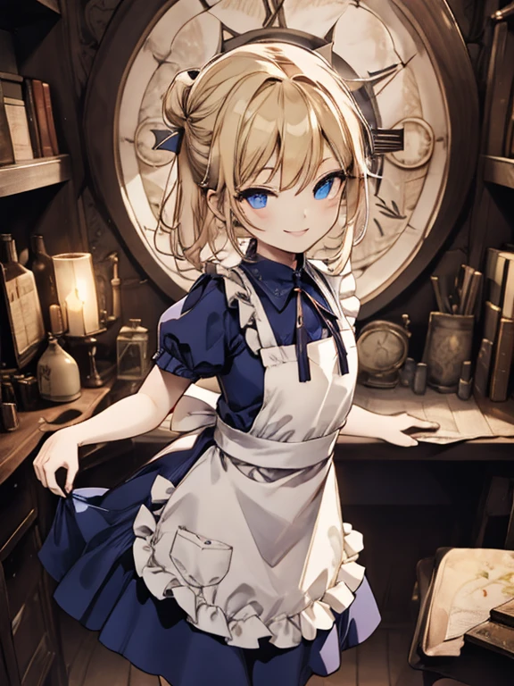 masterpiece, Highest quality, Very detailed, 16K, Ultra-high resolution, Cowboy Shot, Alice in Wonderland, (art nouveau:1.4), 10-year-old girl, Detailed face, (smile:1.5), blue eyes, Blonde, ,half updo, Ribbon on head, Blue clothes, Plain white apron, 大きなclockのある部屋で, clock, 壁clock, Music Box