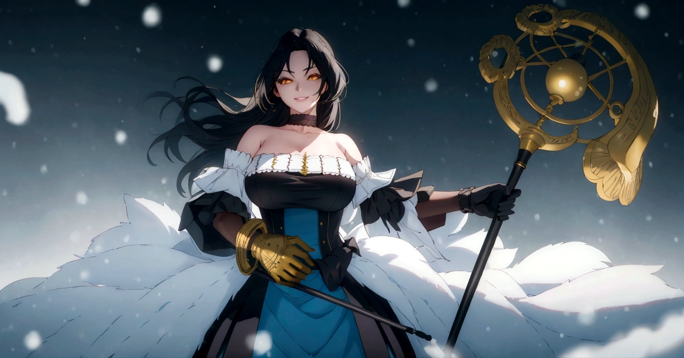 black hair, long hair, parted bangs, golden eyes, curvy, anatomically correct, heavy breathing, huge breasts, dress, 1girl, staff, solo, snowing, bare_shoulders, breasts, gloves, jewelry, holding_staff, snow, blue_dress, detached_sleeves, snowflakes, holding, strapless_dress, choker, strapless, looking_at_viewer, holding_staff, standing, "Photorealistic, Hyperrealistic, Hyperdetailed, analog style, soft lighting, subsurface scattering, realistic, heavy shadow, masterpiece, best quality, ultra realistic, 8k, golden ratio, Intricate, High Detail, film photography, soft focus", (shaded face:1.2), hollow eyes, golden eyes, lips, smirk, upper teeth, cheek,