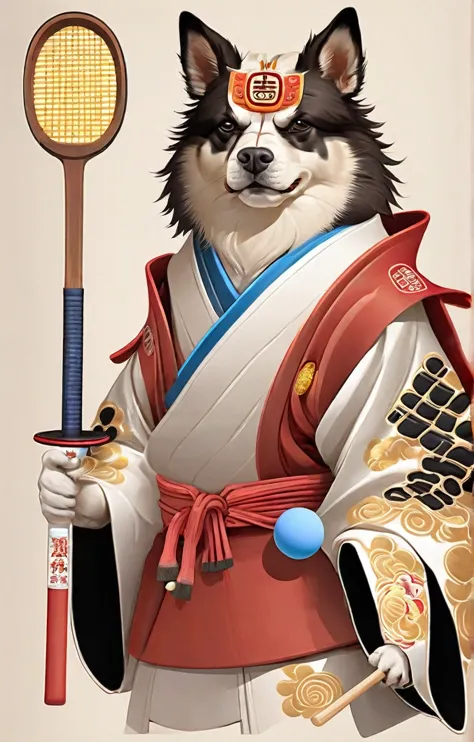 King of samurai dogs holding ping pong racket, Chinese zodiac illustration