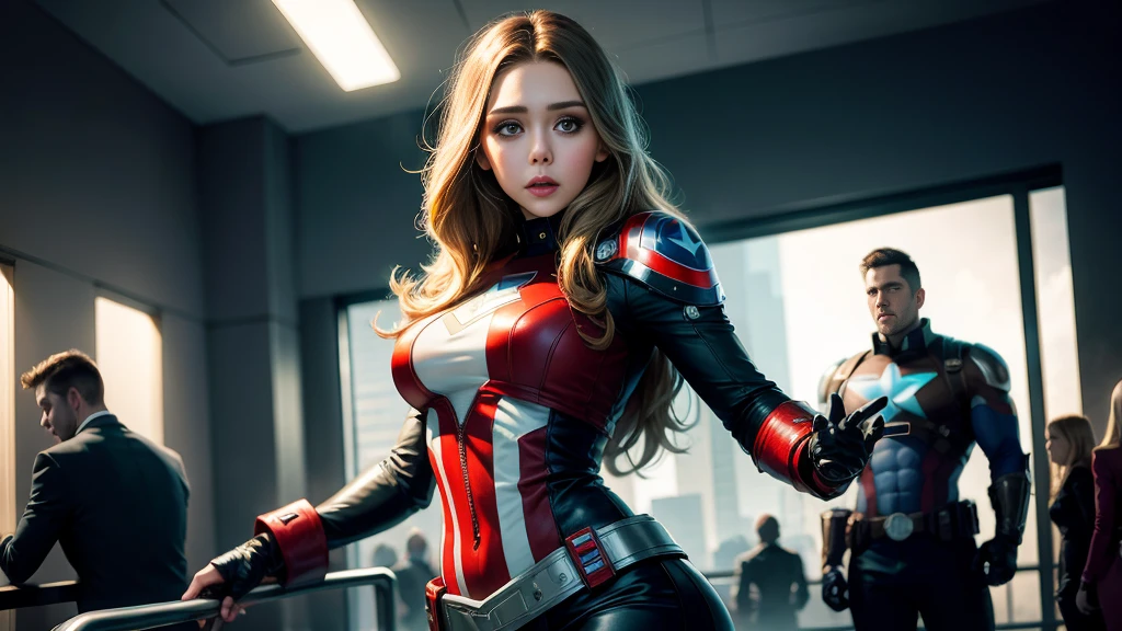 Elizabeth Olsen plays Captain America，skyscraper，（inspired by mass effect），Captain America costume，Security level，Hypertrophic breasts，fat hips，Leather pants wrapped around the hips，piece of leather wrapped around the chest，（8K，CRU photo，photorrealistic：1，25），（Excessive lip gloss，lots of eyelashes，best quality，ultra-high resolution，depth of fields，Color difference，broad light，natural color，Distant photos（1：2）