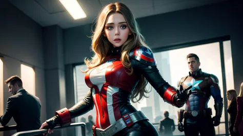 Elizabeth Olsen plays Captain America，skyscraper，（inspired by mass effect），Captain America costume，Security level，Hypertrophic b...