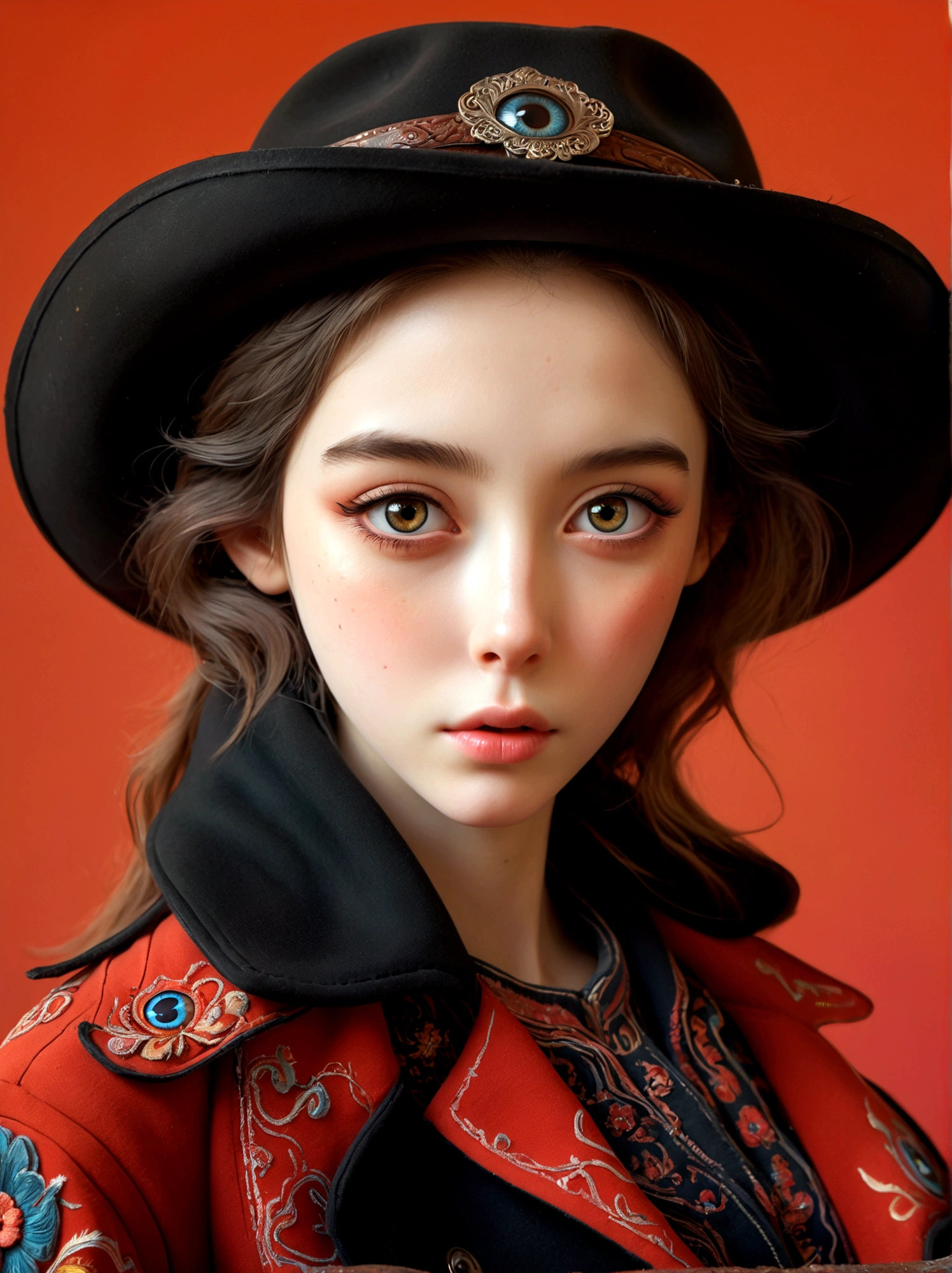 (Best quality, masterpiece:1.4), (realism:1.2), (realism:1.2), (Absurdity:1.2), (Photo Realism:1.3), Realistic skin, solo, (Very big eyes, Beautiful and delicate eyes, Symmetrical eyes), (Cowboy lens), 1 Girl, solo, Red background, whole body, Standing, Black coat, Black jacket, Long sleeve, Best quality, masterpiece, high resolution, Official Art, Extremely detailed CG Unity 8k wallpaper