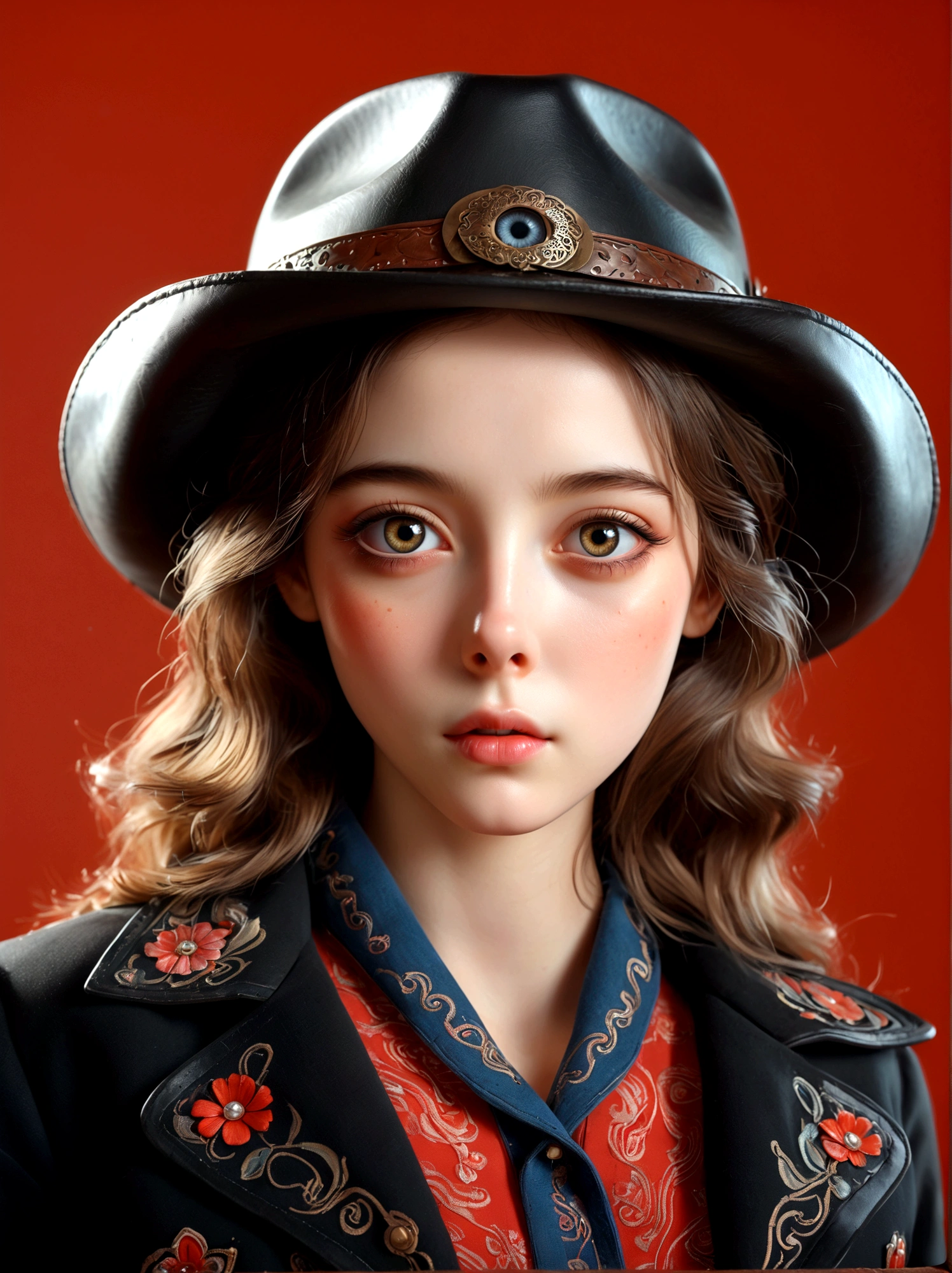 (Best quality, masterpiece:1.4), (realism:1.2), (realism:1.2), (Absurdity:1.2), (Photo Realism:1.3), Realistic skin, solo, (Very big eyes, Beautiful and delicate eyes, Symmetrical eyes), (Cowboy lens), 1 Girl, solo, Red background, whole body, Standing, Black coat, Black jacket, Long sleeve, Best quality, masterpiece, high resolution, Official Art, Extremely detailed CG Unity 8k wallpaper