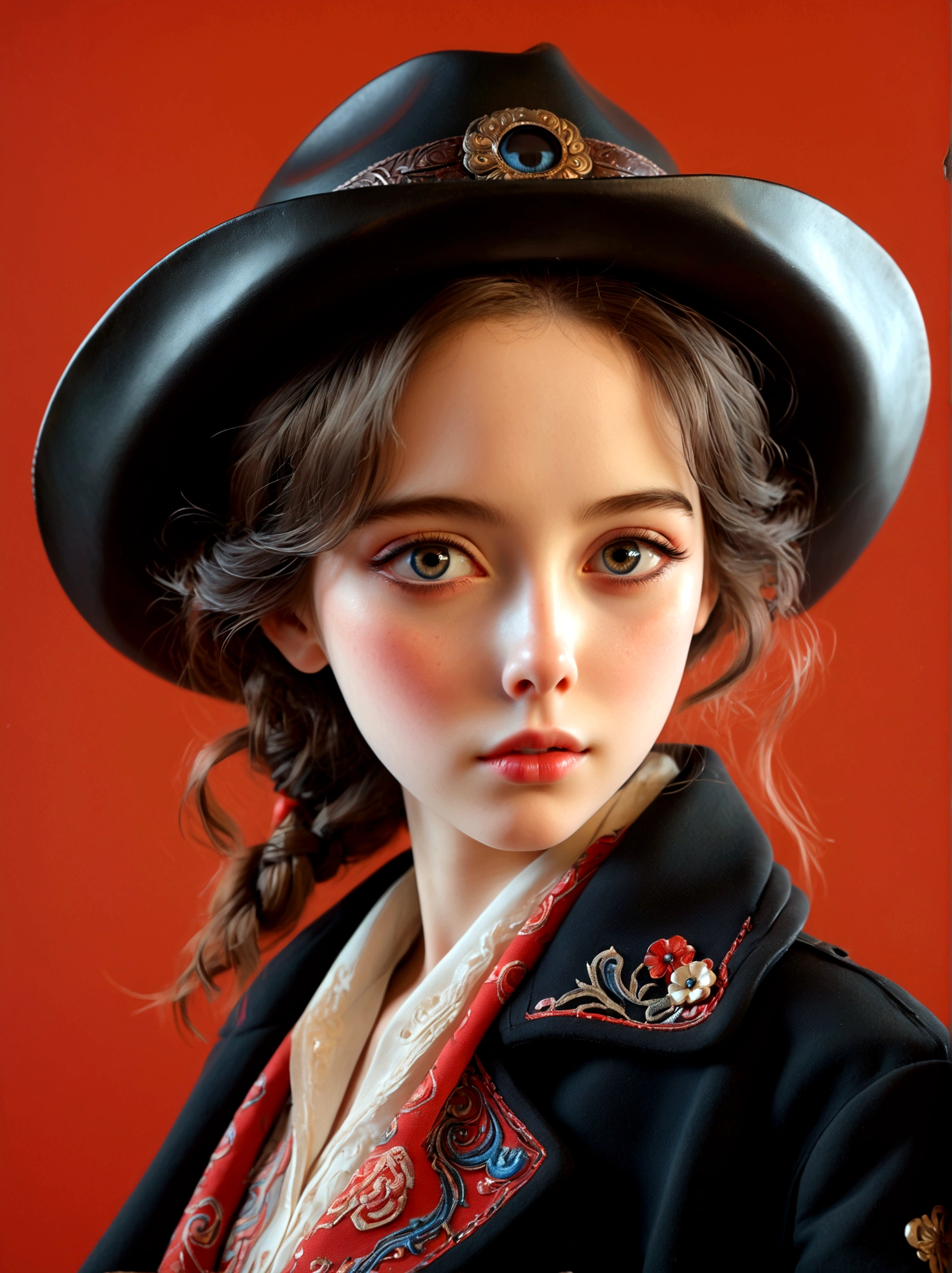 (Best quality, masterpiece:1.4), (realism:1.2), (realism:1.2), (Absurdity:1.2), (Photo Realism:1.3), Realistic skin, solo, (Very big eyes, Beautiful and delicate eyes, Symmetrical eyes), (Cowboy lens), 1 Girl, solo, Red background, whole body, Standing, Black coat, Black jacket, Long sleeve, Best quality, masterpiece, high resolution, Official Art, Extremely detailed CG Unity 8k wallpaper