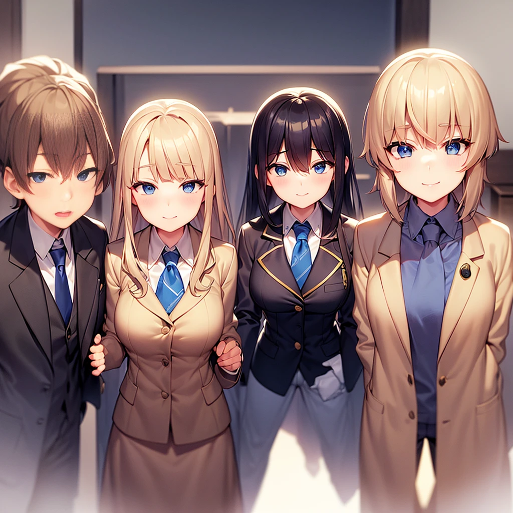 Huge breasts、Blonde、Very short hair、blue eyes、Narrow waist、student、Navy blue blazer、slacks、necktie、Tall、Red cheeks、Perm、A confident smile、A princess-like woman