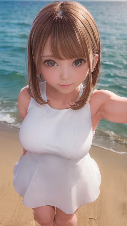 (((White sleeveless mini dress)))、A girl on the beach、Bob Hair、Brown Hair、Medium breast、Standing looking at the sea、Detailed Background、(8K、Raw photo quality、masterpiece:1.3、Highest quality)、Shot to the knee、((Beautiful face、Anatomically correct detailed body、Anatomically correct detailed fingers、Anatomically correct detailed limbs))、