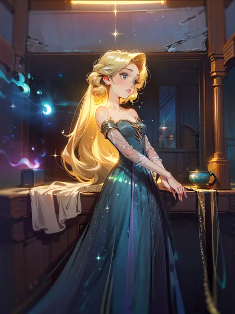 bioluminescent shiny glow, beautiful girl in flowing ballgown dress, galaxy style dress, galaxy glow, sparkling, ethereal, fluff...