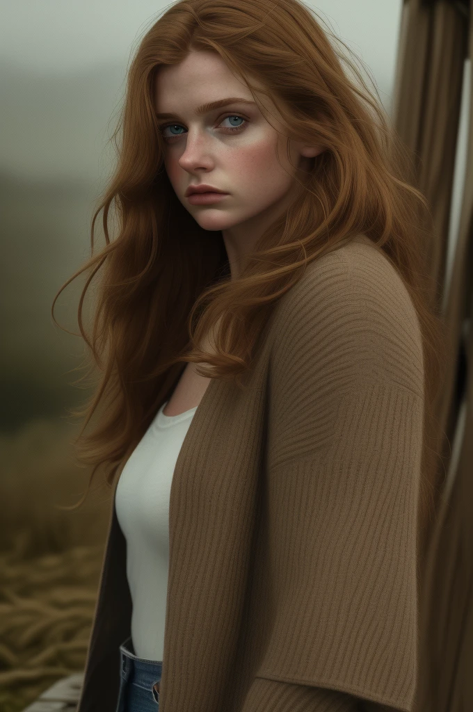 (best quality,4k,8k,highres,masterpiece:1.2),ultra-detailed,(realistic,photorealistic,photo-realistic:1.37),1girl,beautiful detailed eyes,beautiful detailed lips,extremely detailed eyes and face,longeyelashes,Sadie Sink,oversized cardigan,see through,(((wide hips jeans))),rolled up sleeves,binoculars,forest background,natural lighting,warm color tone,cinematic composition,  épouse les traits détaillés du visage,De beaux yeux et de belles lèvres,fille, réaliste,éclairage de studio, Des couleurs vives,netteté, 