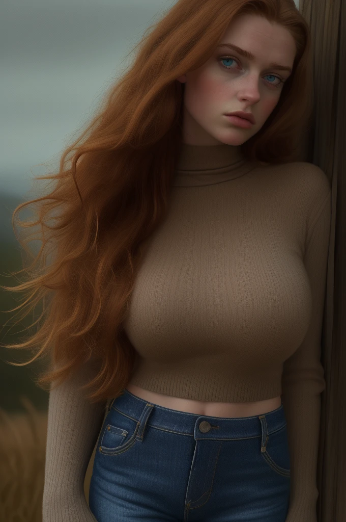 (best quality,4k,8k,highres,masterpiece:1.2),ultra-detailed,(realistic,photorealistic,photo-realistic:1.37),1girl,beautiful detailed eyes,beautiful detailed lips,extremely detailed eyes and face,longeyelashes,Sadie Sink,oversized cardigan,see through,(((wide hips jeans))),rolled up sleeves,binoculars,forest background,natural lighting,warm color tone,cinematic composition,  épouse les traits détaillés du visage,De beaux yeux et de belles lèvres,fille, réaliste,éclairage de studio, Des couleurs vives,netteté, 