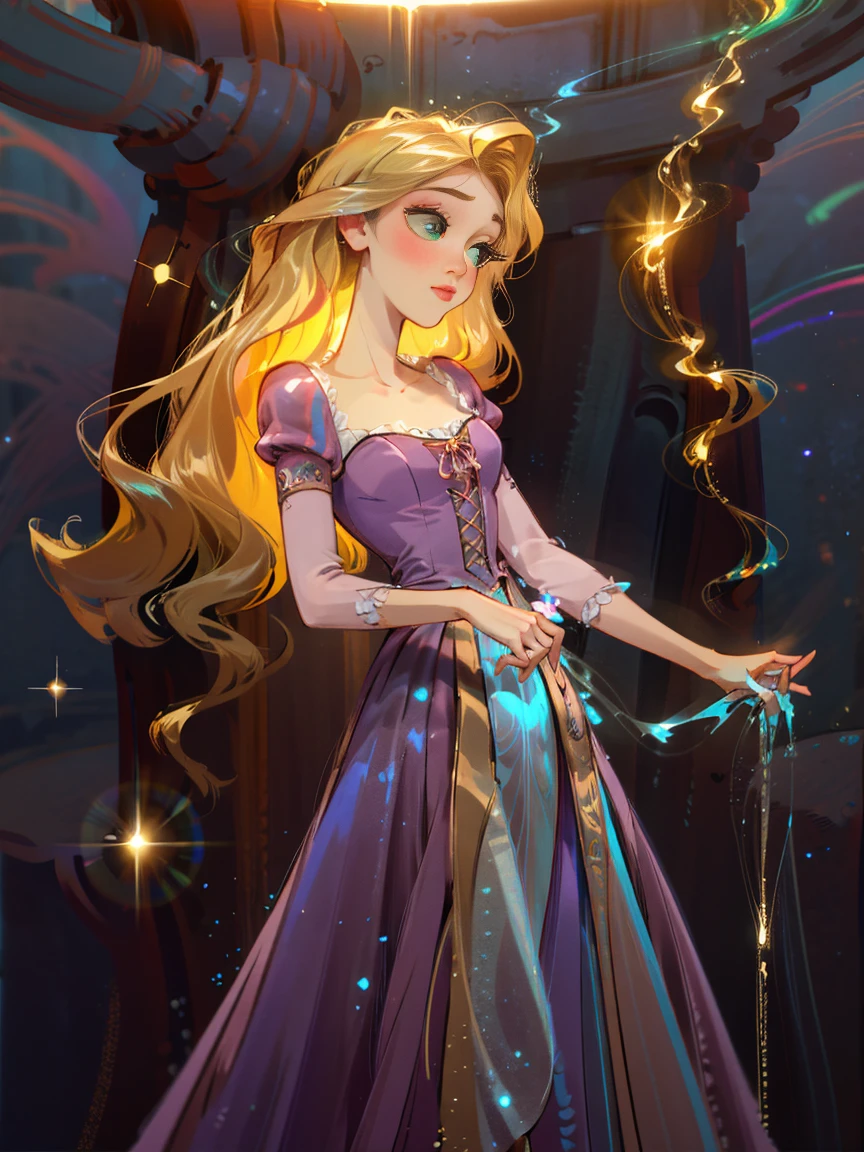 bioluminescent shiny glow, beautiful girl in flowing ballgown dress, galaxy style dress, galaxy glow, sparkling, ethereal, fluffy flowing hair, silky glistening iridescent ash hair, 