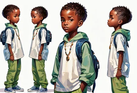 A boy of 9 years old standing, poses, different views point, different angle view,  African (masterpiece best quality:1.2) delic...