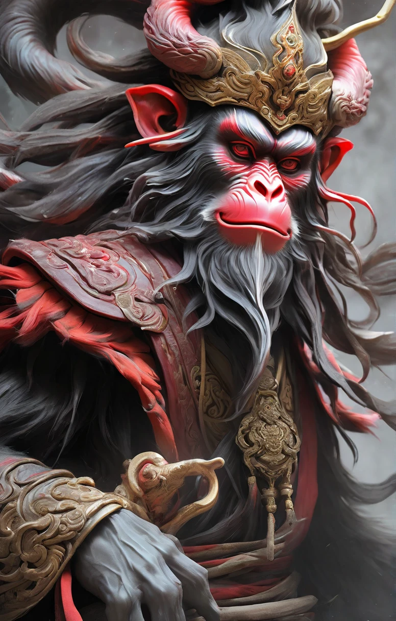 masterpiece, best quality, illustration, original, extremely detailed wallpaper, sketch, wash painting, color splashing, ink splashing, dyeing, colorful, fantasy creatures, dark and brooding The Monkey King, diabolical, tyrannical