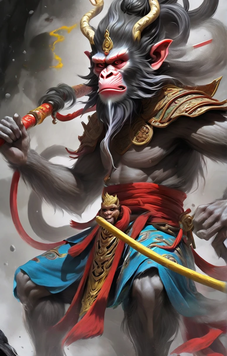 masterpiece, best quality, illustration, original, extremely detailed wallpaper, sketch, wash painting, color splashing, ink splashing, dyeing, colorful, fantasy creatures, dark and brooding The Monkey King, diabolical, tyrannical