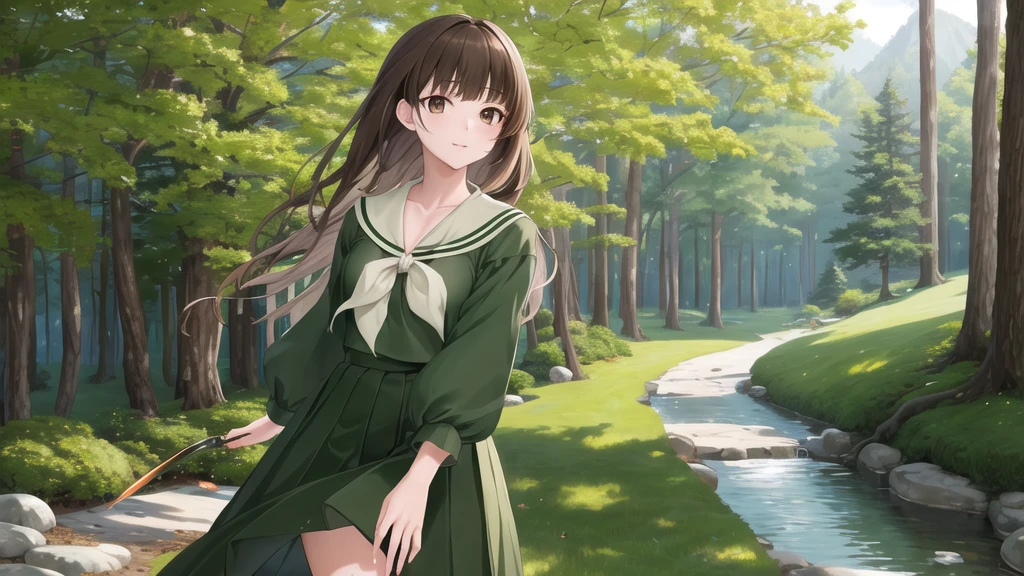 masterpiece, Highest quality, High resolution, aayoshino, Long Hair, Twin Blade, Brown eyes, Hair that falls over the shoulders, , Sailor collar, neckerchief, Green Shirt, Sailor shirt, Long sleeve, Green Skirt, Long skirt, Are standing, Cowboy Shot, Outdoor,