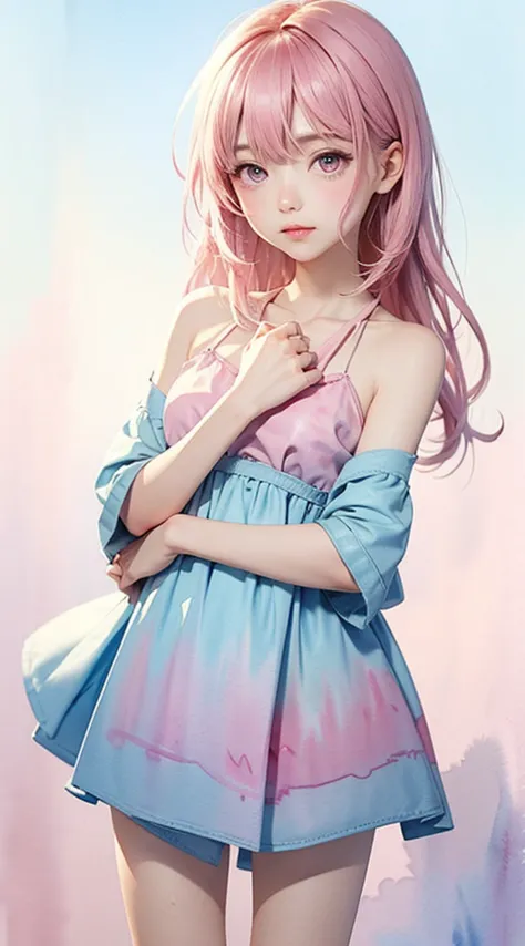 (((Blurred background、Watercolor style background)))、A girl、１６talent、anatomy、Light pink eyes、#11: Loose Low Ponytail、Light pink ...