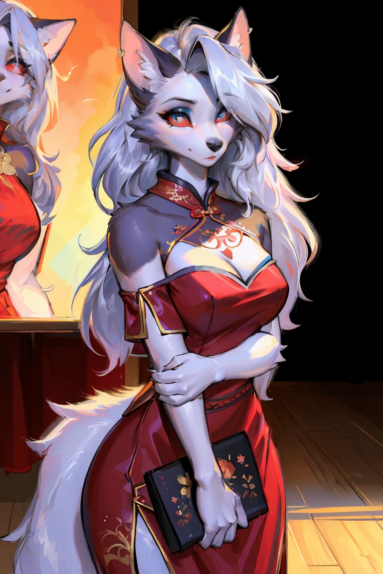 (best quality,4k,8k,highres,masterpiece:1.2),ultra-detailed,(realistic,photorealistic,photo-realistic:1.37),red eyes,furry,wolf girl,(beautiful/detailed eyes:1.1),feminine face,long lashes,(red clothing:1.1),(qipao,cheongsam:1.1),flowing chiffon,(jewelry/accessories:1.1),well-proportioned body,(thick thighs:1.1),Loona-inspired,(reasonable structure:1.1) ,perfect high-detailed face,(perfect detailed eyes:1.5),Cat pupils, 