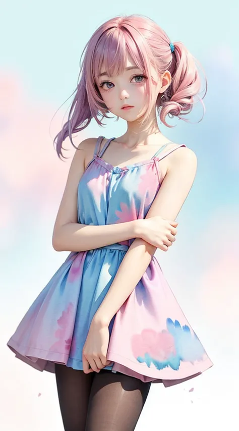 (((Blurred background、Watercolor style background)))、A girl、１６talent、anatomy、Light pink eyes、#11: Loose Low Ponytail、Light pink ...