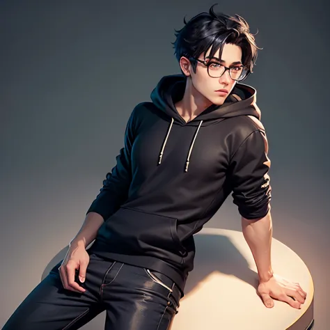 pixel art, RPG male character with black hair wearing a black hoodie, blue pants, and round glasses 