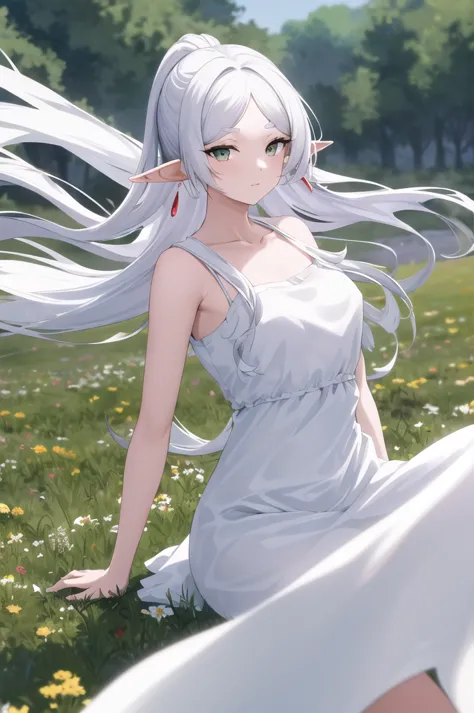 masterpiece, best quality, highres, aafrie, long hair, white hair, parted bangs, pointy ears, earrings, thick eyebrows, collarbo...
