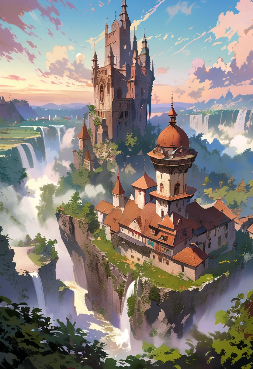 Ein Alfa-Blick auf die Wasserfälle mit dem Turm und dem Wasserfall im Hintergrund, Fantasie-Matte-Painting，Niedlich, Landschaftsmalerei, Spielkunst Matte Painting, Abbildung Matte Painting, dota! Matte-Painting-Konzeptkunst, dota Matte-Painting-Konzeptkunst, 2. 5D CGI Anime Fantasy-Kunstwerk, verträumte Matte Paintings, Fantasie-Matte-Painting, Avatar-Landschaft, Spielkarte Matte Painting