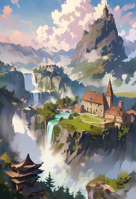 An alfa view of the falls with the tower and waterfall in the background, fantasy matte painting，cute, Landscape painting, Game ...