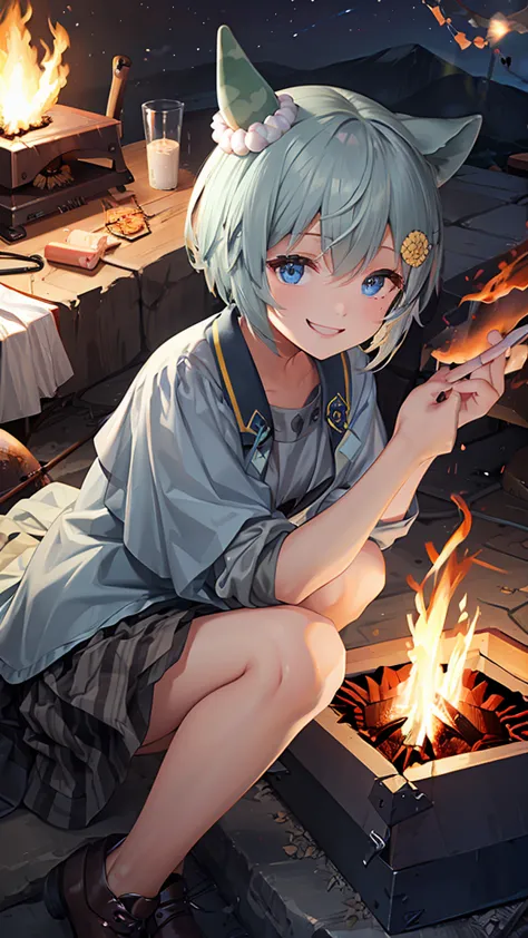 masterpiece, highest quality, high resolution, very detailed,(((seiun sky))), (((campfire))), (((smile))), night, a big flame is...