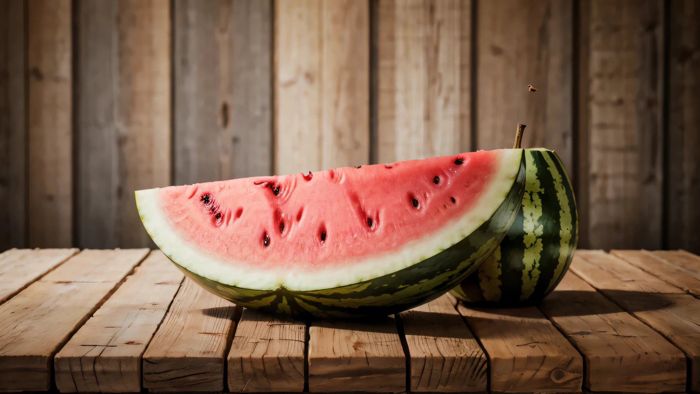 Watermelon on wooden table with green background. A refreshing summer treat on a rustic surface.

watermelon, fruit, food, no_humans, food_focus, blurry, realistic, still_life, blurry_background, depth_of_field
