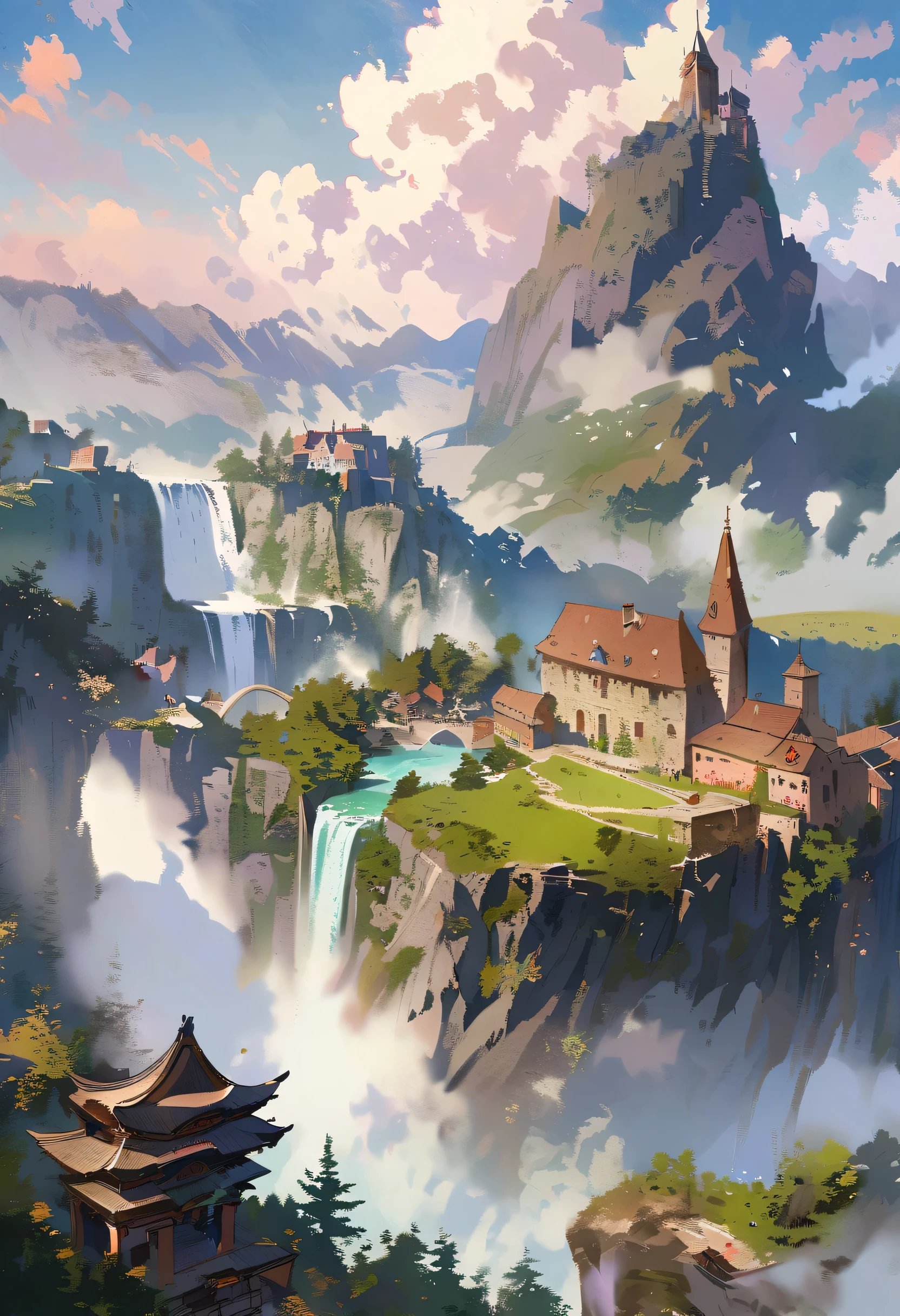 Une vue Alfa des chutes avec la tour et la cascade en arrière-plan, peinture mate fantastique，mignon, peinture de paysage, peinture mate d&#39;art de jeu, peinture mate d&#39;illustration, dota! art conceptuel de peinture mate, dota art conceptuel de peinture mate, 2. Oeuvre fantastique d&#39;anime CGI 5D, peintures mates de rêve, peinture mate fantastique, paysage d&#39;avatar, peinture mate de carte de jeu