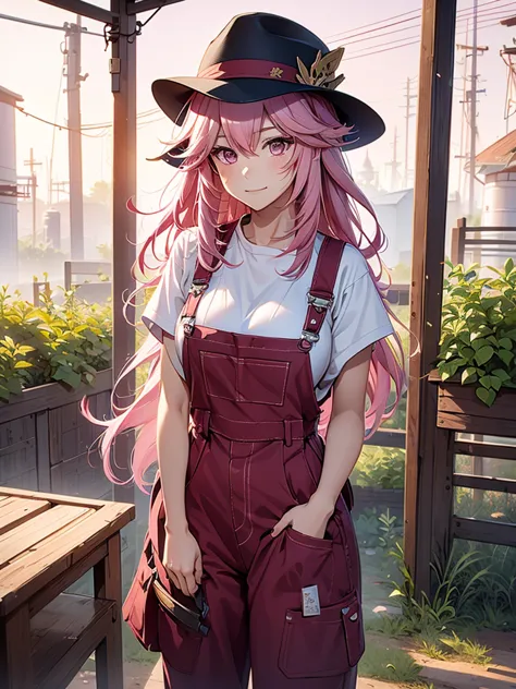 Yae miko, 1woman, as a farm woman, wearing farm outfit with overalls and hat, at a farm, pink colour hair, 8k, high detailed, hi...