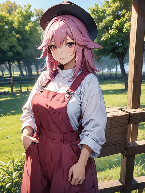 Yae miko, 1woman, as a farm woman, wearing farm outfit with overalls and hat, at a farm, pink colour hair, 8k, high detailed, hi...