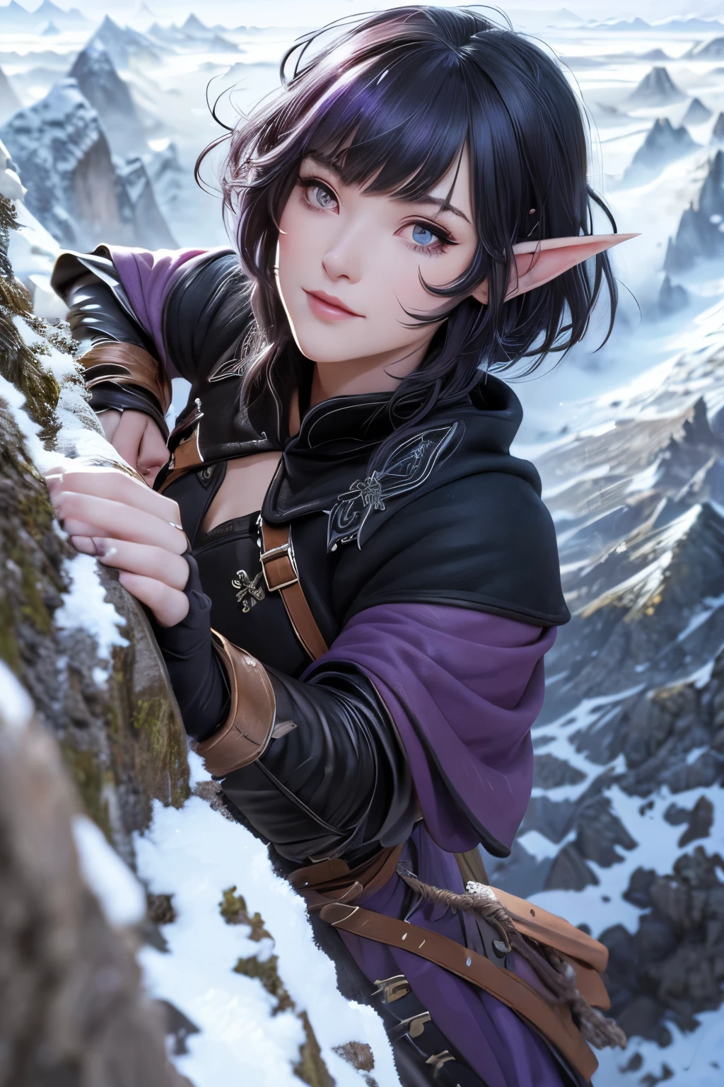 (Ultra-detailed face, sleepy eyes), (Fantasy Illustration with Gothic & Ukiyo-e & Comic Art), (Full body, A middle-aged dark elf woman with silver hair, blunt bangs, very long disheveled hair, and dark purple skin, lavender eyes), (She is wearing a well-worn black trench coat and leather climbing boots. The trench coat is double-breasted, belted, with chin warmers, gun patch, epaulettes, and a cape-like covering on the back), (She has a grim face, breathes heavily, and uses a rope to climb a steep blizzard-blowing snowy mountain cliff), BREAK (Below her we see snow-covered mountains, strong winds, and falling snow)