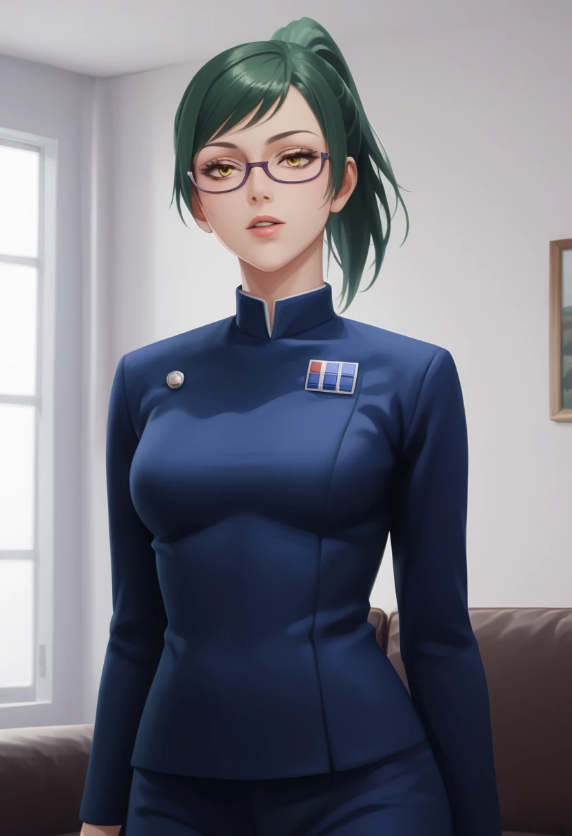 score_9_up, score_8_up, score_7_up, 1girl, solo, mature female, Maki, green ponytail  hair, yellow eyes, glasses, pink lips, parted lips, fit slim body, perfect medium erected breast, (((imperial officer outfit))), dark grey living room, looking at the viewer, perfect model body, standing in seductive pose