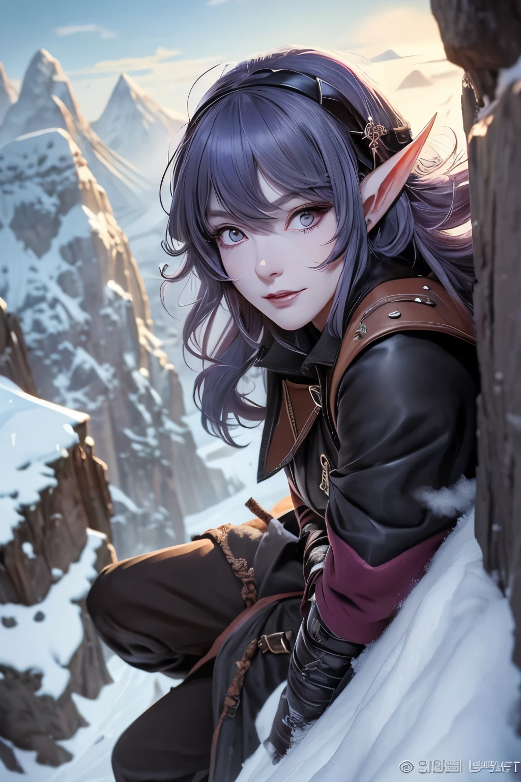 (Ultra-detailed face, sleepy eyes), (Fantasy Illustration with Gothic & Ukiyo-e & Comic Art), (Full body, A middle-aged dark elf woman with silver hair, blunt bangs, very long disheveled hair, and dark purple skin, lavender eyes), (She is wearing a well-worn black trench coat and leather climbing boots. The trench coat is double-breasted, belted, with chin warmers, gun patch, epaulettes, and a cape-like covering on the back), (She has a grim face, breathes heavily, and uses a rope to climb a steep blizzard-blowing snowy mountain cliff), BREAK (Below her we see snow-covered mountains, strong winds, and falling snow)