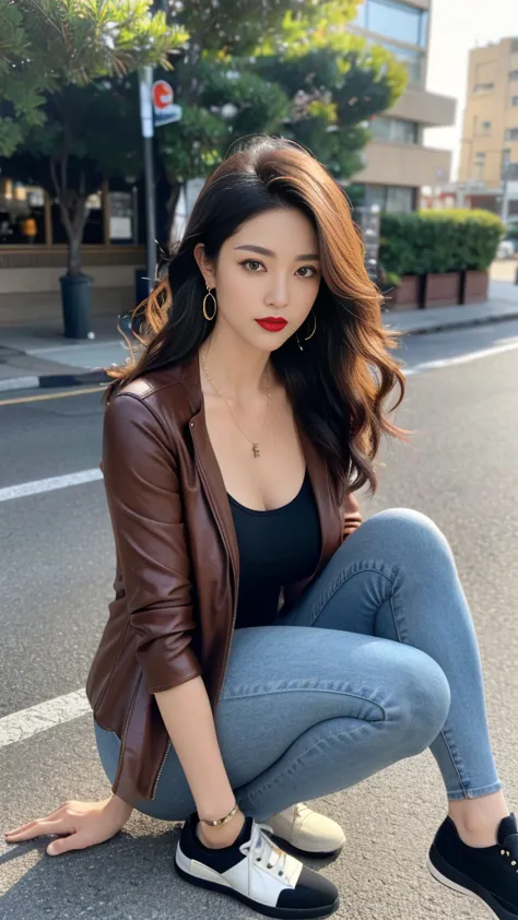 japanese mature woman, (outdoor seaside background), brown leather jacket (no cleavage), thighs, makeup, (lipstick: 1.1), (eyeli...