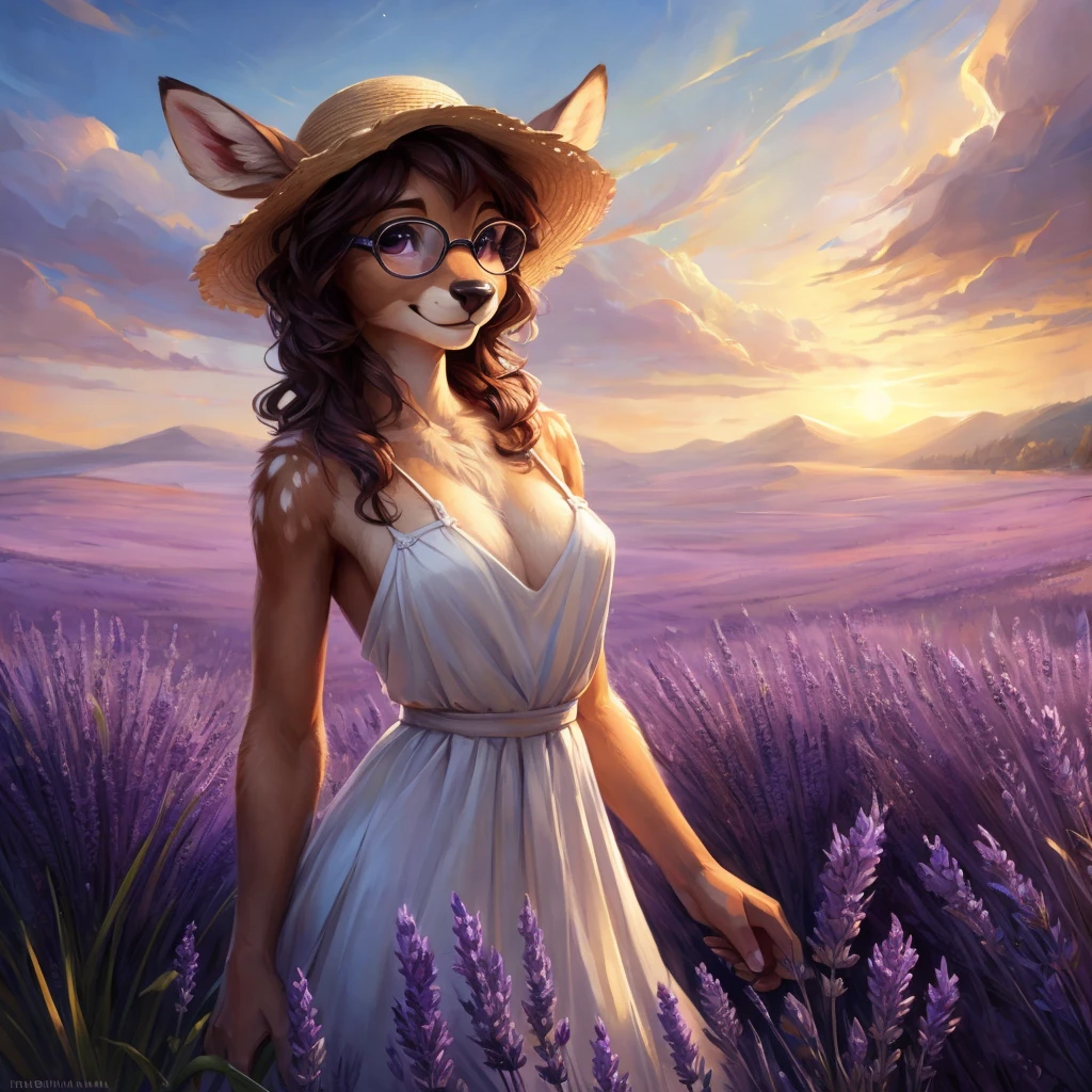 uploaded on e621, by Pixelsketcher, by Bayard Wu, by Thomas Benjamin Kennington , by Einshelm, by hioshiru and kenket, Chunie, portrait, solo anthro female deer doe, with small featureless breasts, clear dark blue, cinematic lighting, day, sunny day, lavender field, stays in a lavender field, lavender field background, mediterranean background, horizon background, shiny, short curly dark brown hair, wears big black nerd glasses, very very beautiful furry art, furry art, smiling, joyful, shiny, happy, feminine, cute face, muzzle, fluffy chest, flawless face, Fallow deer, 1girl, Sakimichan is beautiful, Masterpiece, Wavethesallow Face, shiny, Detailed image, portrait, Detailed image, portrait, full body, wearing pure white and wide spaghetti straps dress, wearing big and wide beige summer straw hat, shiny, realistic face, perfect anatomy, hourglass body, (furry body:1.1), anthropomorphic deer, looks at the viewer, small fluffy tail, detailed background, (cute anatomy:1.1), stands in a lavender field
