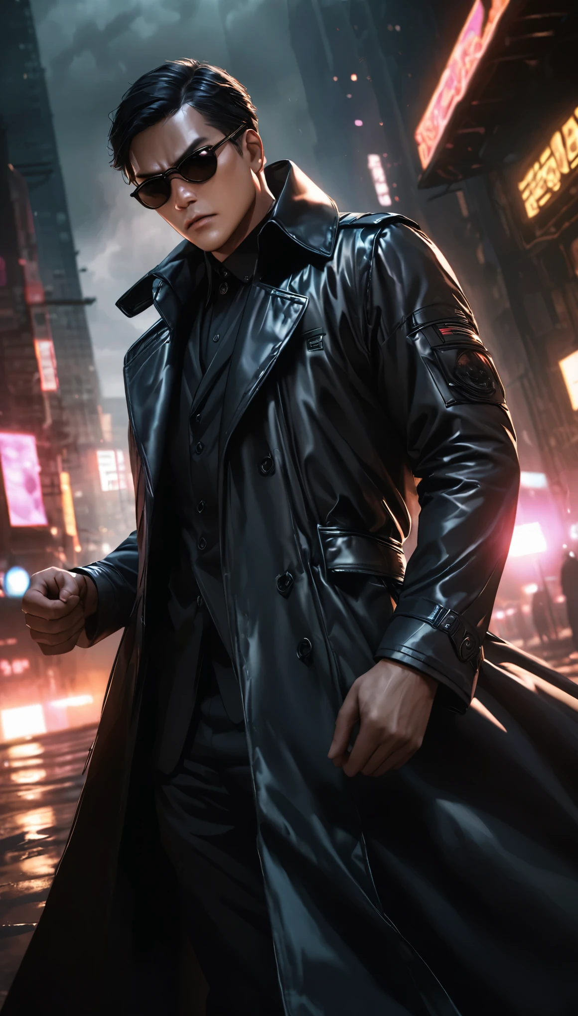 Man wearing a black trench coat:1.2、sunglasses、細部までRealなポートレート、Cinematic lighting、Dramatic angle、high quality、Hyperrealistic、Exquisite detail、Photorealistic、8K、Real、Sharp focus、Bright colors、Dramatic lighting、Chiaroscuro、Impressive pose、Serious expression、Moody atmosphere、Urban Scene、City Background、Gritty、Neo-Noir