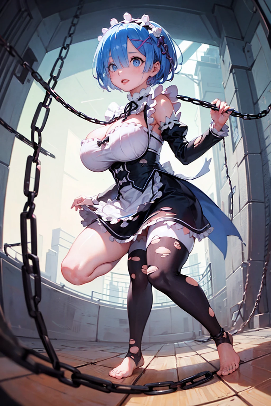 Plump、Show your pants、Fighting Pose、Weapons Morningstar、((Underground Prison))、((The floor beneath my feet is crumbling))、((((Rem in chains)))),(((((Fisheye Lens)))))、((((Super huge breasts))))、(((Plump thighs)))、(((Rem from Re:Zero)))、looking at the camera、High qualityHigh quality、8ｋ、(((((Full body description)))))、Chest、Fantastic、(((((Torn maid uniform)))))、looking at the cameraで、barefoot、(((Tall Rem)))、Sweat splashes、Clothes are ripped off,(Torn knee-high socks)、