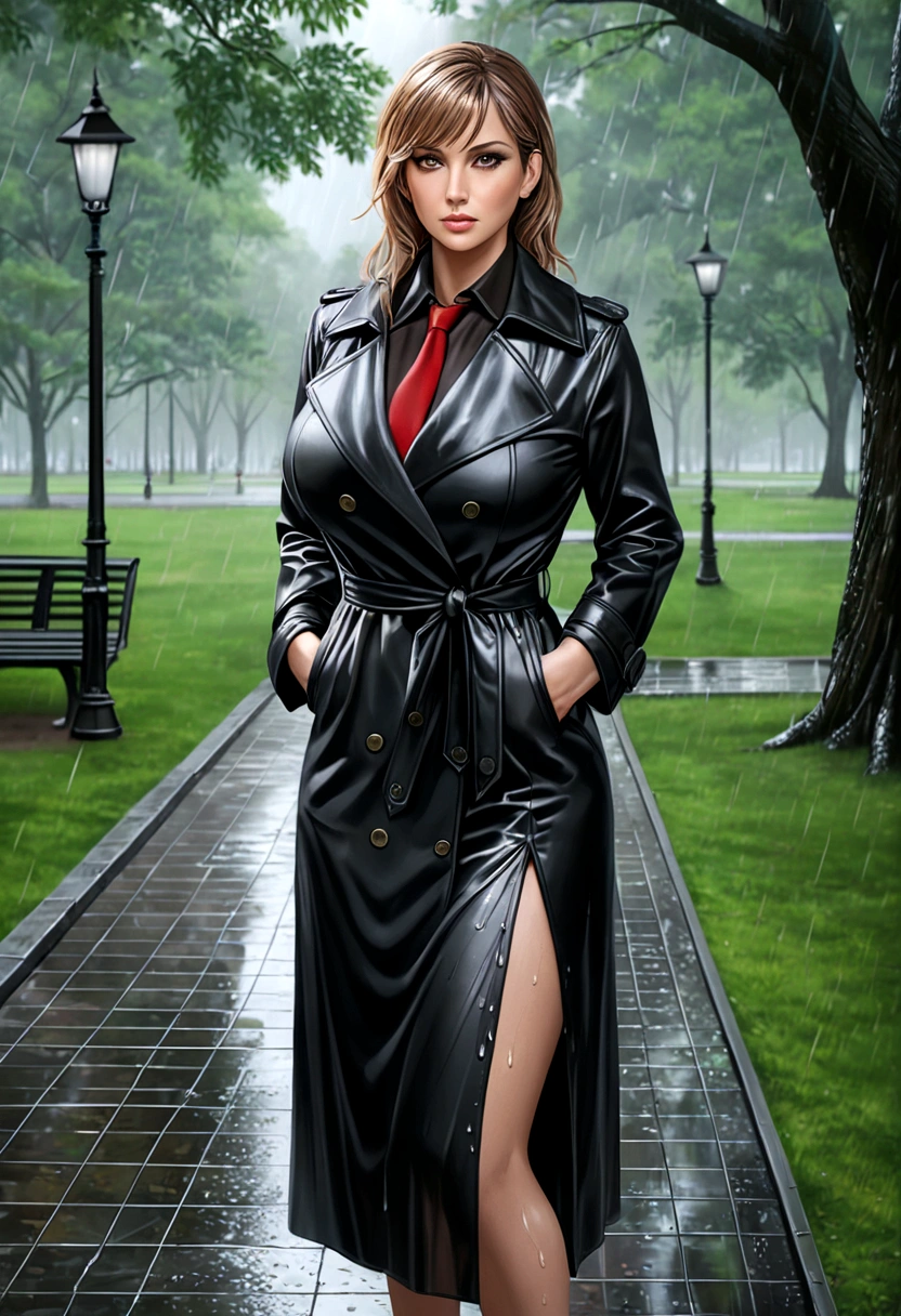 beautiful busty milf in Black Trench Coat, standing in a park, rainy day, photorealistic, masterpiece, full_body_shot, black miniskirt, wet sheer black shirts with tie,