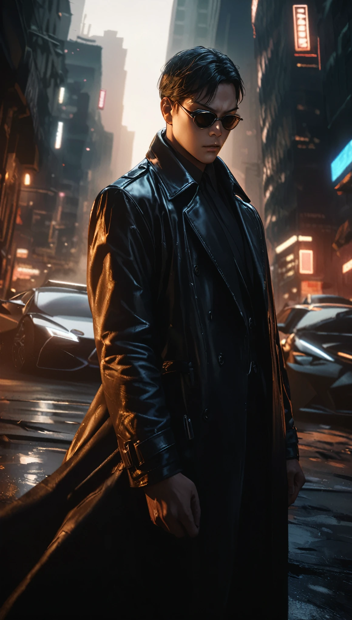 Man wearing a black trench coat:1.2、sunglasses、細部までRealなポートレート、Cinematic lighting、Dramatic angle、high quality、Hyperrealistic、Exquisite detail、Photorealistic、8K、Real、Sharp focus、Bright colors、Dramatic lighting、Chiaroscuro、Impressive pose、Serious expression、Moody atmosphere、Urban Scene、City Background、Gritty、Neo-Noir