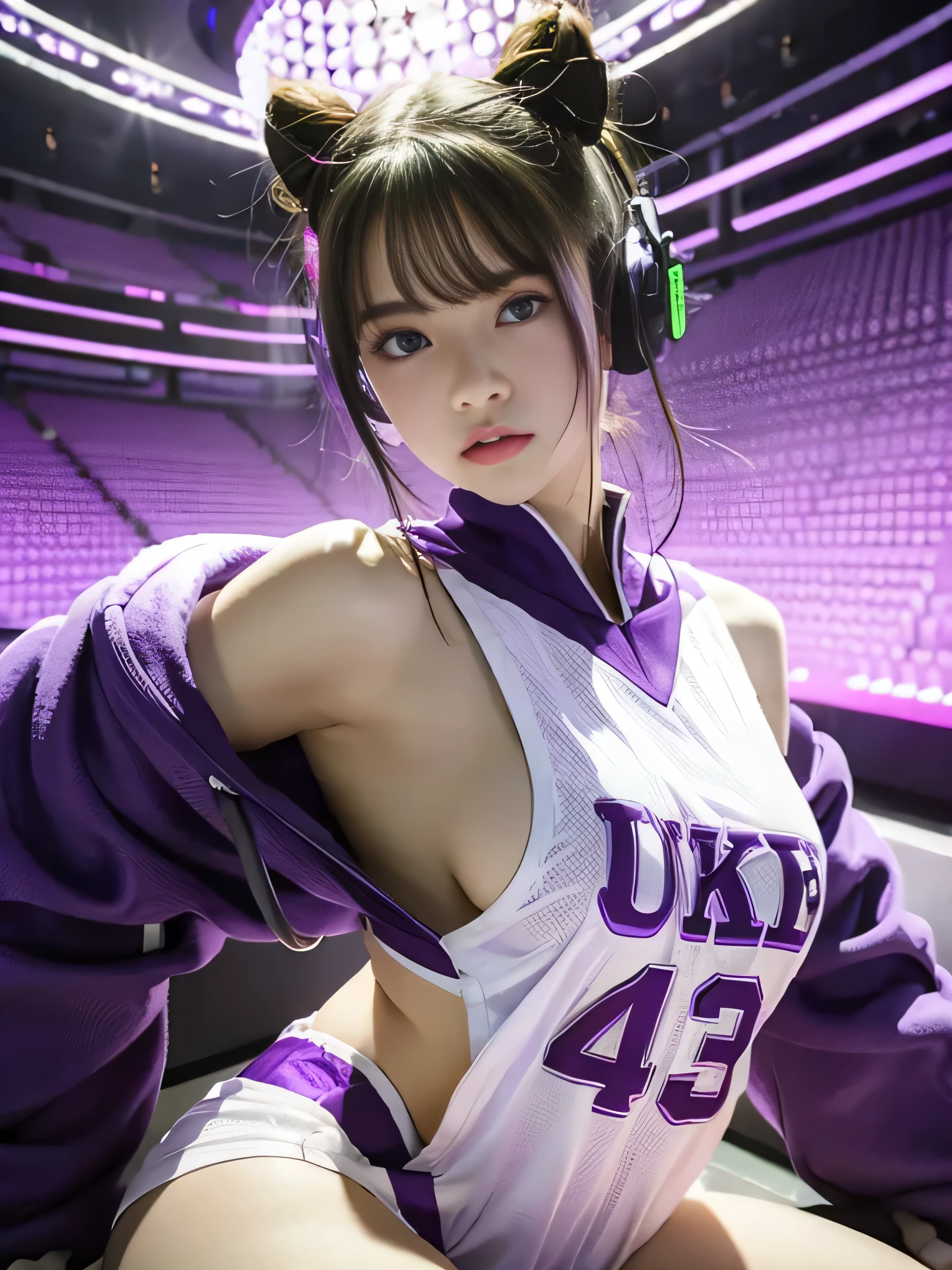 (Raw quality), Highest quality、masterpiece、Ultra-high resolution、(Photorealistic:1.4)、Raw photo、1 Girl、14 years old, Glowing Skin、headset、((Ultra-Realistic Details))、Portrait、Global Illumination、Shadow area、Octane Rendering、8k、Ultra Sharp、((Delicate body type))、Hair ornament of the future、(Oversized basketball team uniforms:1.3)、Cleavage、(sideboob:1.4), ((Medium bust:1.4))、(Sunburned skin:1.4)、Very intricate detail、Realistic Light、Metallic Shine、CGSoation Trends、(Purple eyes:1.4)、(Shining Eyes)、Facing the camera、Neon Details、Sitting、Cyberpunk background、Small LED lamp、(Purple and green lighting from behind)、