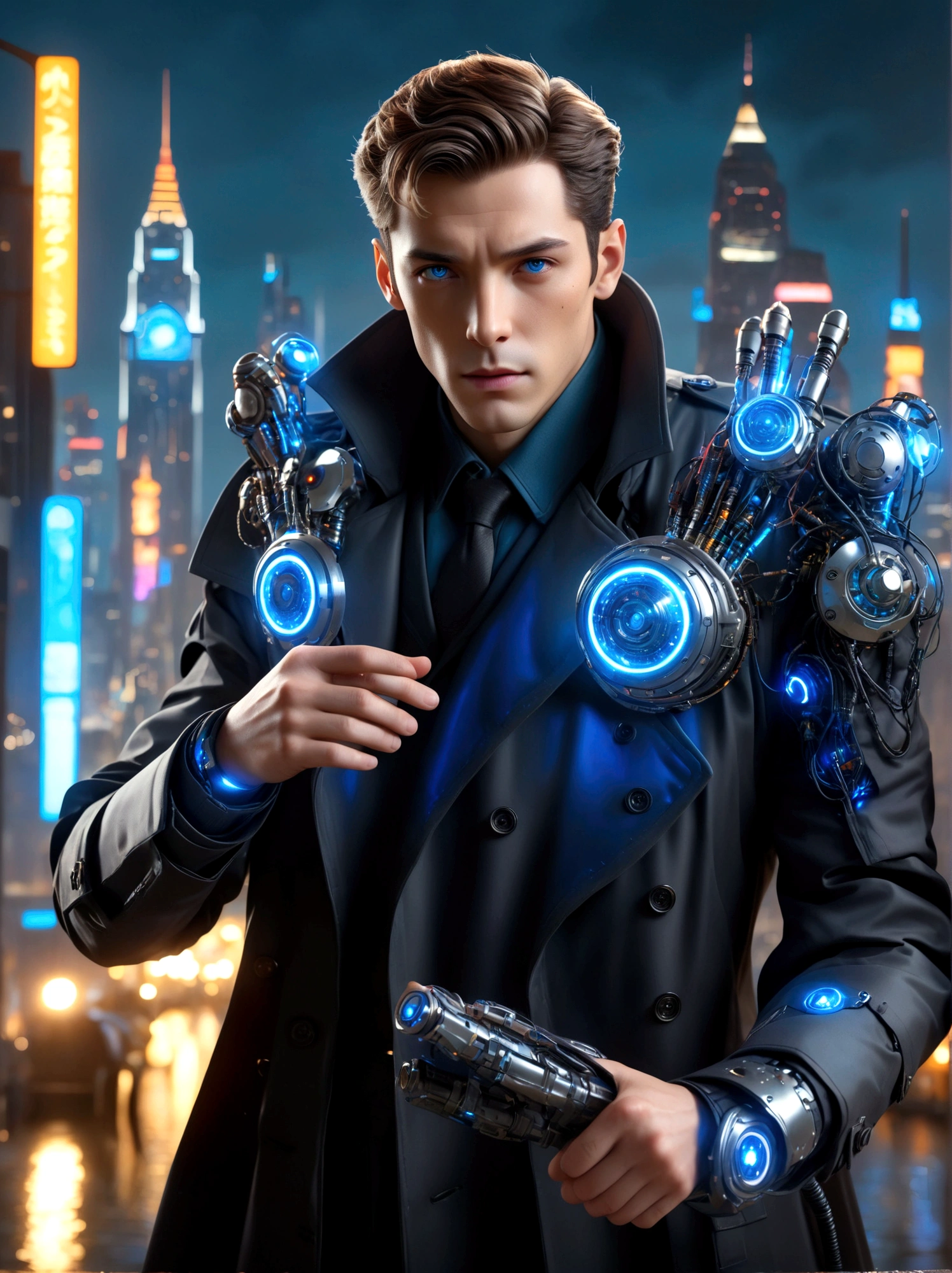 (best quality, 8k,highres,masterpiece:1.2), ultra-detailed, (realistic, photorealistic), Detective Gadget in a sleek black trench coat, standing confidently, showcasing advanced futuristic gadgets, electric blue accents on his gadgets, mechanical arms extending from his coat, sharp and determined eyes, futuristic cityscape in background, bokeh, studio lighting, sharp focus