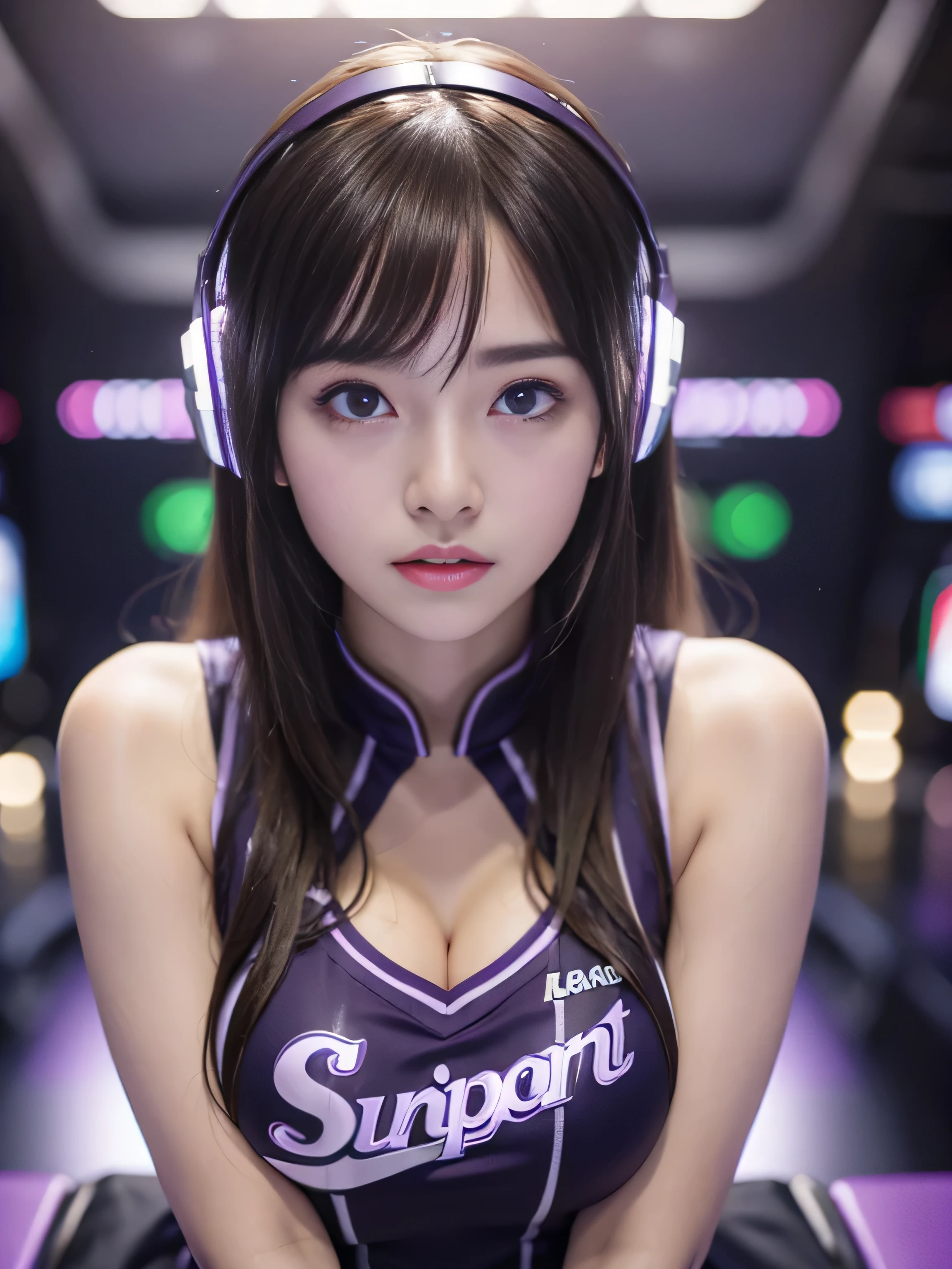 (Raw quality), Highest quality、masterpiece、Ultra-high resolution、(Photorealistic:1.4)、Raw photo、1 Girl、14 years old, Glowing Skin、headset、((Ultra-Realistic Details))、Portrait、Global Illumination、Shadow area、Octane Rendering、8k、Ultra Sharp、((Delicate body type))、Hair ornament of the future、(Oversized basketball team uniforms:1.3)、Cleavage、(sideboob:1.4), ((Medium bust:1.4))、(Sunburned skin:1.4)、Very intricate detail、Realistic Light、Metallic Shine、CGSoation Trends、(Purple eyes:1.4)、(Shining Eyes)、Facing the camera、Neon Details、Sitting、Cyberpunk background、Small LED lamp、(Purple and green lighting from behind)、