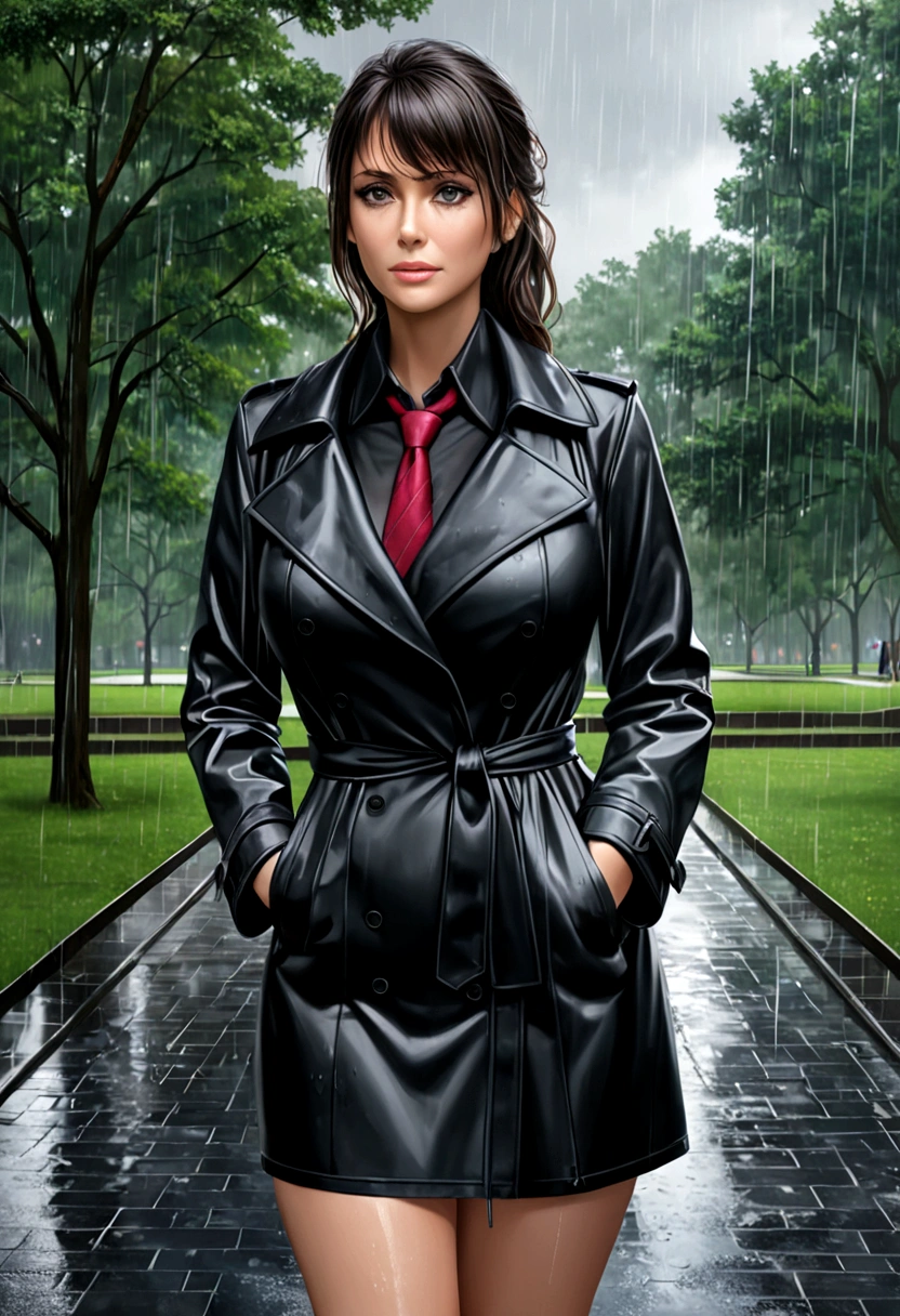 beautiful busty milf in Black Trench Coat, standing in a park, rainy day, photorealistic, masterpiece, full_body_shot, black miniskirt, wet sheer black shirts with tie,