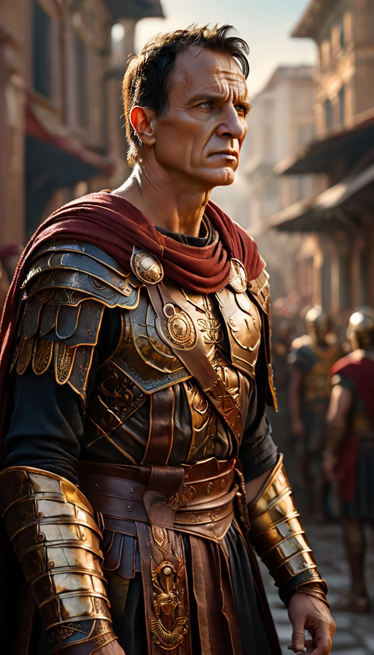 As the sun began to set, The warm golden color of the sun shone on his clothes, Produce an image depicting the moment when Julius Caesar uttered his last words, 'Et tu, Brute, background dark, hyper realistic, ultra detailed hyper realistic, photorealistic, Studio Lighting, reflections, dynamic pose, Cinematic, Color Grading, Photography, Shot on 50mm lens, Ultra-Wide Angle, Depth of Field, hyper-detailed, beautifully color, 8k, golden light from the front,