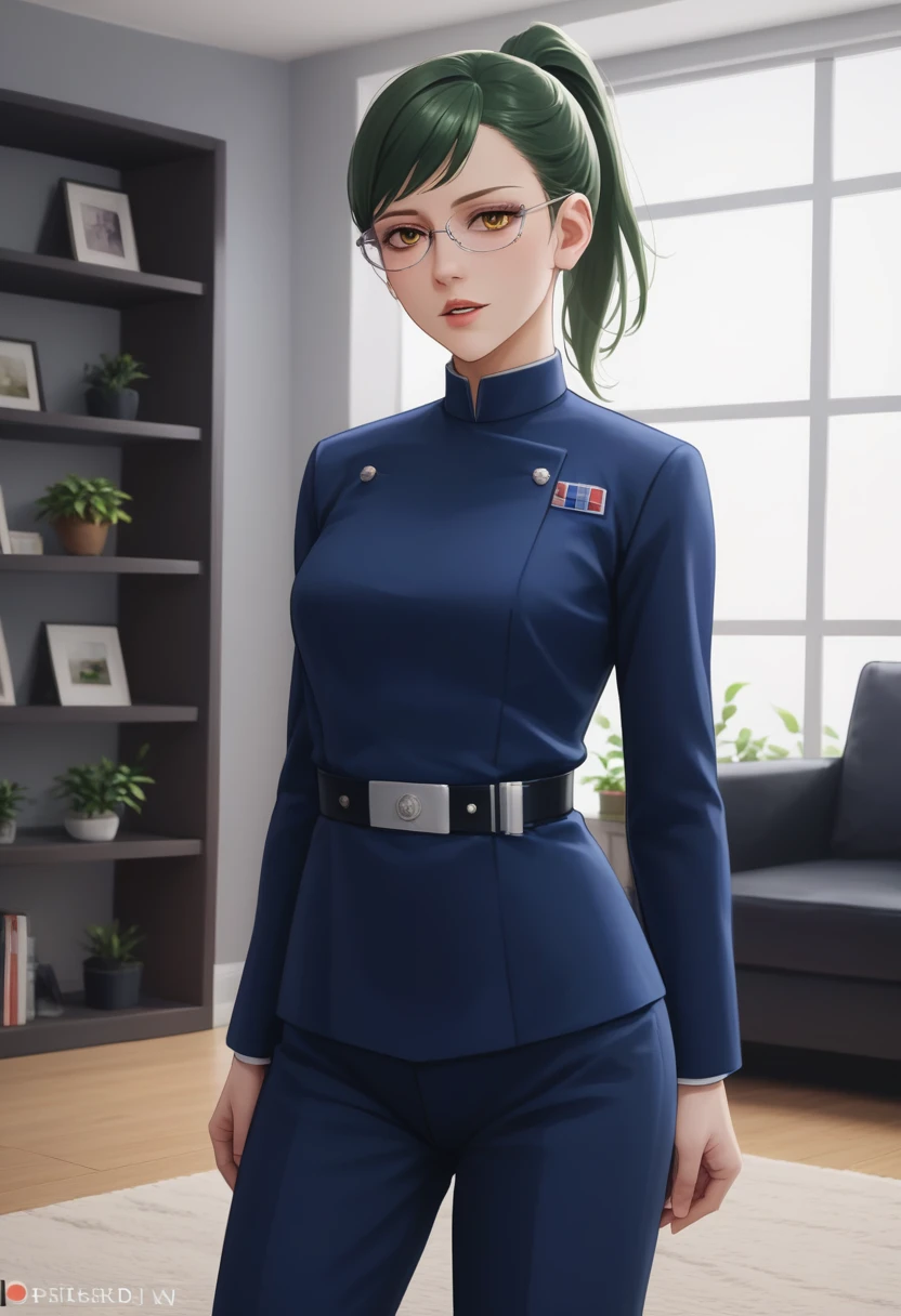 score_9_up, score_8_up, score_7_up, 1girl, solo, mature female, Maki, green ponytail  hair, yellow eyes, glasses, pink lips, parted lips, fit slim body, perfect medium erected breast, (((imperial officer outfit))), dark grey living room, looking at the viewer, perfect model body, standing with raised hands