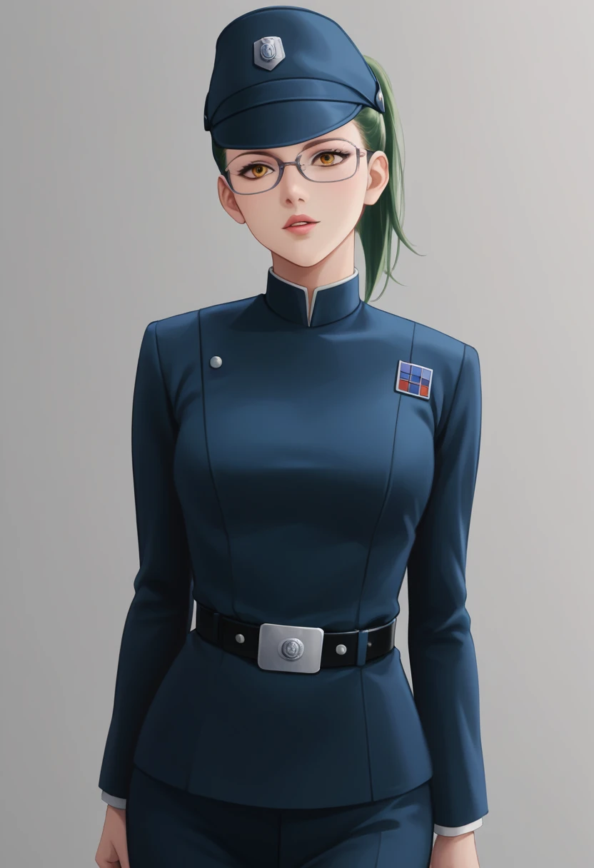 score_9_up, score_8_up, score_7_up, 1girl, solo, mature female, Maki, green ponytail  hair, yellow eyes, glasses, pink lips, parted lips, fit slim body, perfect medium erected breast, (((imperial officer outfit))), dark grey living room, looking at the viewer, perfect model body, standing with raised hands