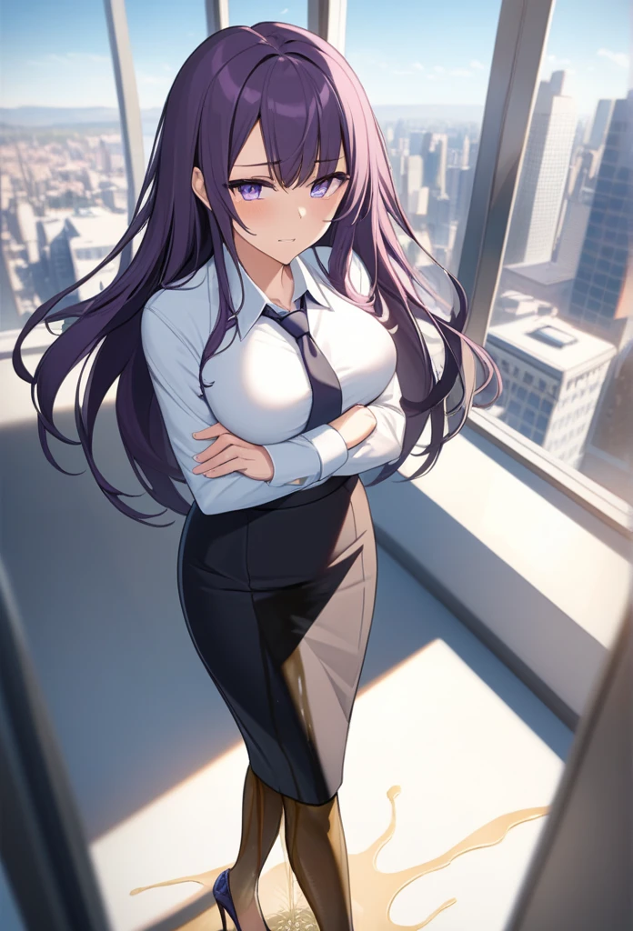 (masterpiece:1.37), best quality, (extremely detailed:1.37), office, window overlooking a bustling cityscape, woman, (mature:1.75), (very long hair:1.25), dark purple hair, purple eyes, (extremely detailed eyes:1.37) shining eyes, breasts, business suit, necktie, (very long pencil skirt:1.5), pantyhose, (wetting herself:1.5), standing, (arms crossed:1.5), (desperation:1.75), dignified, stoic expression, full body, high heels, day, daytime, glow, looking at viewer, perfect composition, Perfect light and shadow, 8K
